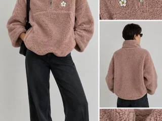 мягкую куртку-чебурашку (флис тедди) от Topshop. Нежный пудрово-розовый цвет. Модель оверсайз, воротник на молнии, нашивка-цветок. Идеально на осень и весну.