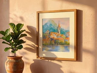Акварель "Золотистый закат на острове Комо"