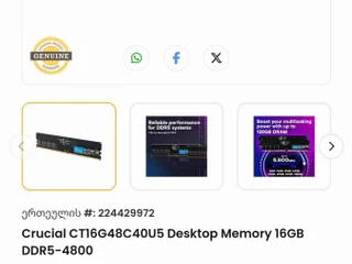 Оперативная память Crucial 16GB DDR5 4800MHz