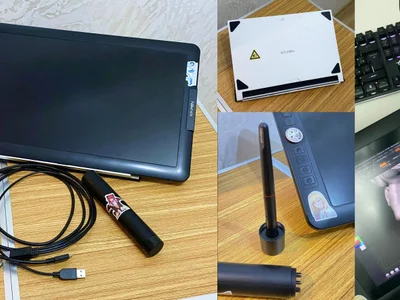 Xp-pen 15.6 pro. Графический монитор для рисования, скульптинга или ретуши фотографий. Полный набор, сменные наконечники для пера, шнур подключения, разные вилки для питания от розетки. В комплекте устойчивая металлическая подставка. В самом центре экрана потертости от использования на защитной пленке. Экран цел, всЁ работает. Наклеечки красивые