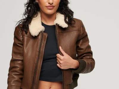 SUPERDRY кожаная утепленная куртка бомбер унисекс