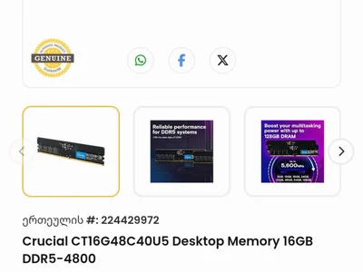 Оперативная память Crucial 16GB DDR5 4800MHz