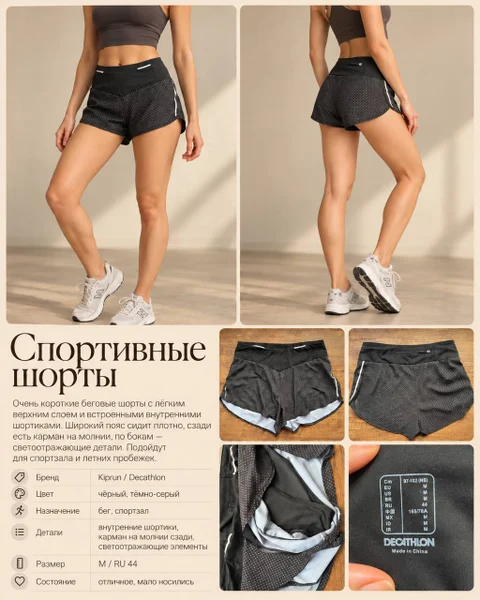 Спортивные шорты женские Decathlon, чёрные, со встроенными шортиками, карман на молнии сзади, светоотражающие элементы. Мало носились. Больше фото в личку.