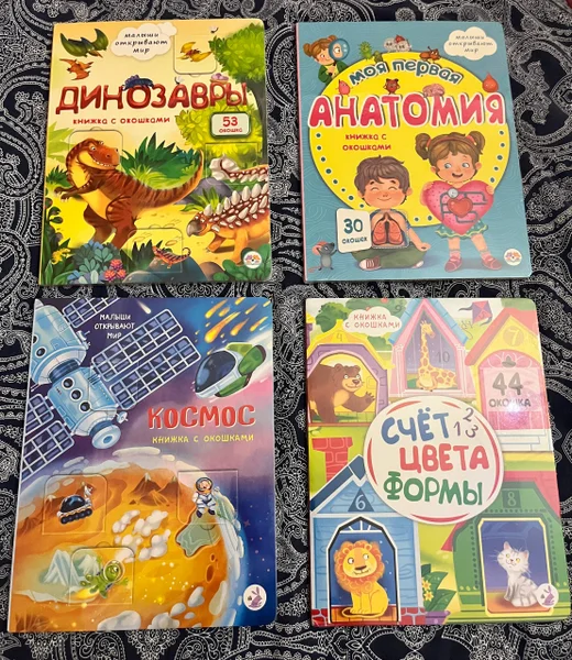 Новые книги (в упаковочной пленке) с окошками в твердой обложке, размер 20*26.