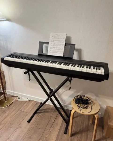 Цифровое пианино Yamaha P 45 . Оригинал. В хорошем состоянии. Все клавиши и кнопки работают исправно. Звучит хорошо. Инструмент имеет полноразмерную динамическую взвешенную клавиатуру 88 клавиш с молоточковой механикой. Есть 10 тембров звучания, метроном. В комплект входит металлическая подставка под пианино, подставка для нот, педаль сустейна и блок питания.