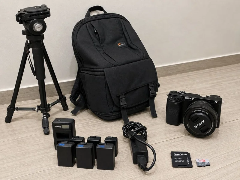 Фотоаппарат Sony A6300 с объективом и комплектом аксессуаров — backpack, reflex camera, tripod