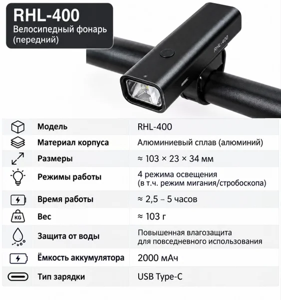 Велосипедный фонарь RHL-400 — web site, hand blower, can opener