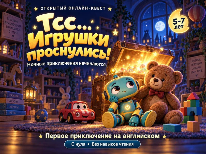 Бесплатный онлайн-квест на английском «Тсс… Игрушки проснулись!» — toyshop, comic book, slot
