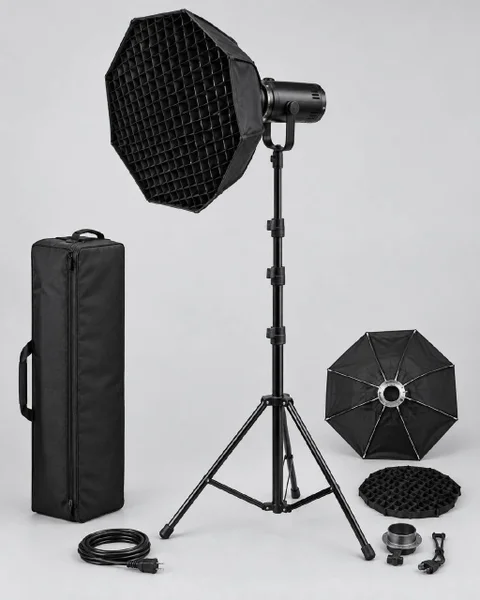 Студийный LED-свет на стойке с октобоксом и сотами — loudspeaker, tripod, binoculars