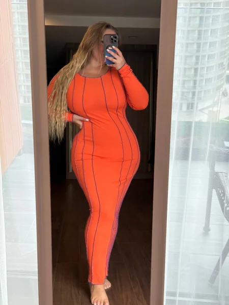 Оранжевое платье в пол с синими линиями размер M — maillot, gown, maillot
