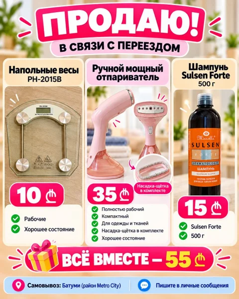 Набор вещей для переезда (Весы, отпариватель, шампунь) — web site