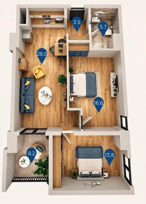 Арчи Киквидзе Гарден: 3-комнатная, 76.8 м²